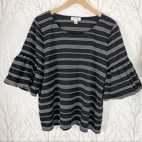 CALVIN KLEIN Balloon Sleeve Blk / White Stripe Top - Picture 3 of 10